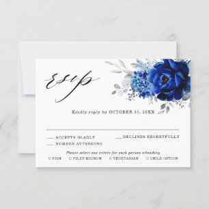 Royal Blue White Silver Metallic Floral Wedding RSVP Kaartje