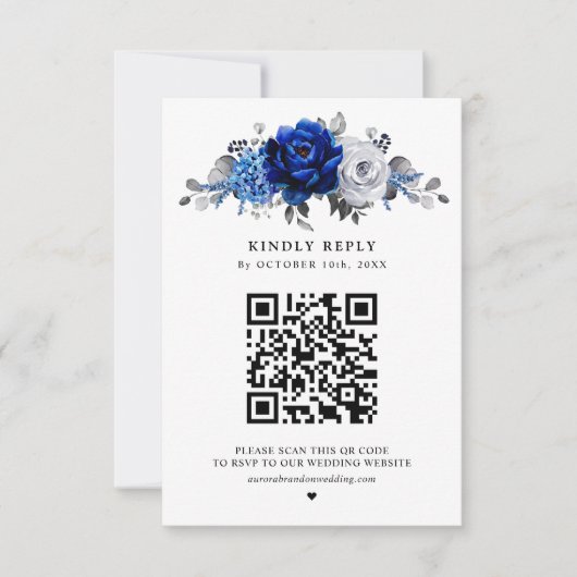 Royal Blue White Silver Metallic Floral Wedding RSVP Kaartje (Voorkant)