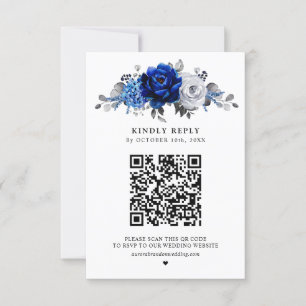 Royal Blue White Silver Metallic Floral Wedding RSVP Kaartje