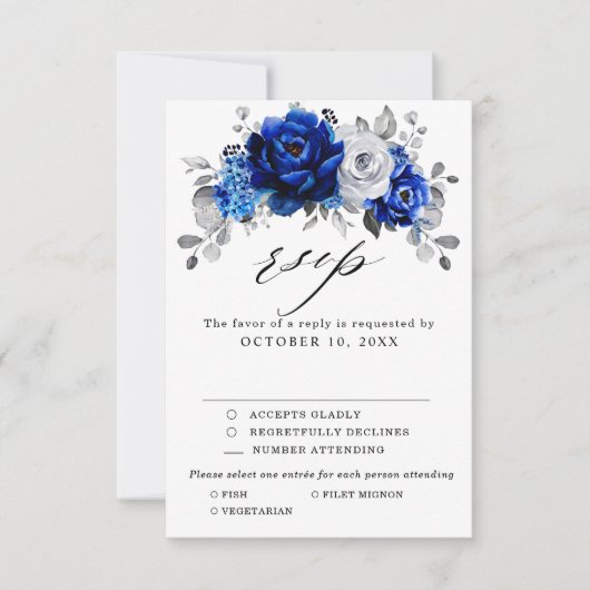 Royal Blue White Silver Metallic Floral Wedding RSVP Kaartje (Voorkant)