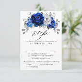 Royal Blue White Silver Metallic Floral Wedding RSVP Kaartje (Staand voorkant)