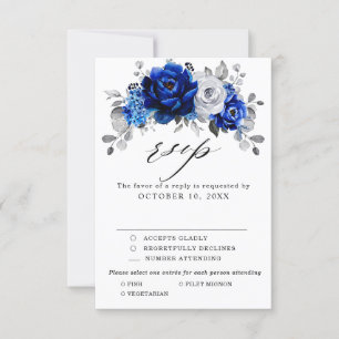 Royal Blue White Silver Metallic Floral Wedding RSVP Kaartje