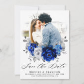Royal Blue White Silver Metallic Floral Wedding Save The Date (Voorkant)