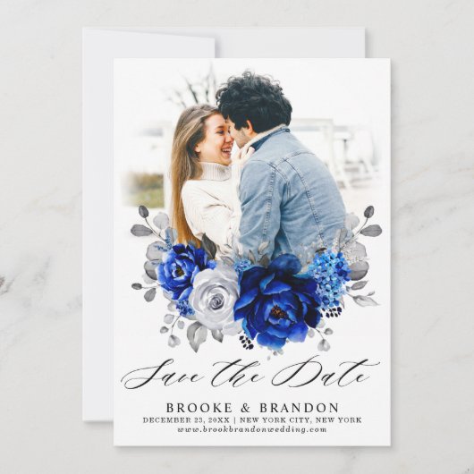 Royal Blue White Silver Metallic Floral Wedding Save The Date (Voorkant)