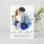 Royal Blue White Silver Metallic Floral Wedding Save The Date (Staand voorkant)