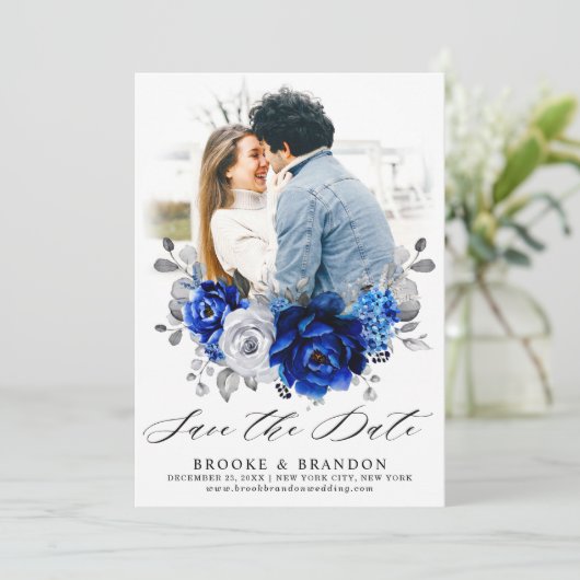 Royal Blue White Silver Metallic Floral Wedding Save The Date (Staand voorkant)