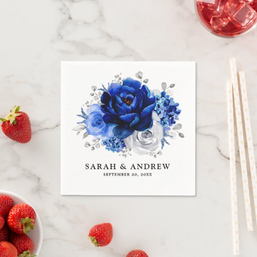 Royal Blue White Silver Metallic Floral Wedding Servet (Insitu)