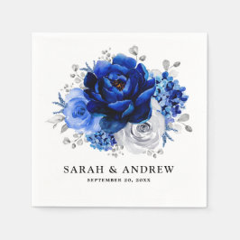 Royal Blue White Silver Metallic Floral Wedding Servet
