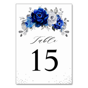 Royal Blue White Silver Metallic Floral Wedding Ta Kaart