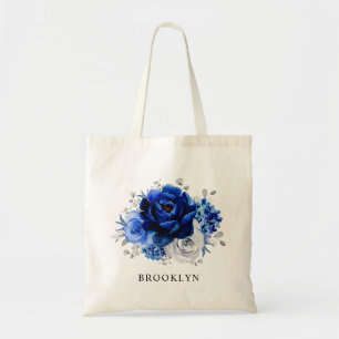 Royal Blue White Silver Metallic Floral Wedding Tote Bag