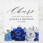 Royal Blue White Silver Metallic Floral Wedding Wijn Etiket (Enkel label)