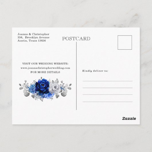Royal Blue White Silver Metallic Save the Date Briefkaart (Achterkant)