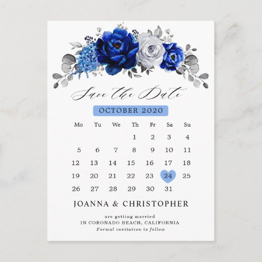 Royal Blue White Silver Metallic Save the Date Briefkaart (Voorkant)