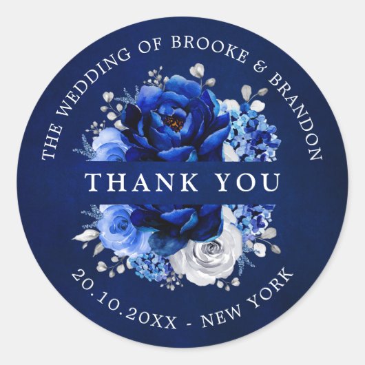 Royal Blue White Silver Metallic Wedding Hartelijk Ronde Sticker (Voorkant)