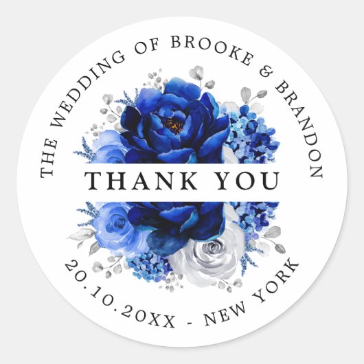 Royal Blue White Silver Metallic Wedding Hartelijk Ronde Sticker (Voorkant)