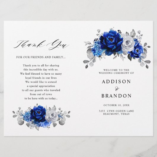 Royal Blue White Silver Metallic Wedding Programme (Voorkant)