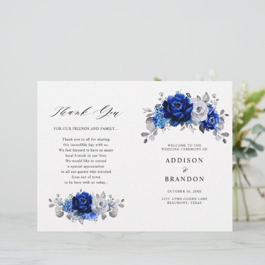 Royal Blue White Silver Metallic Wedding Programme (Staand voorkant)