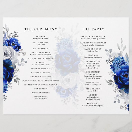 Royal Blue White Silver Metallic Wedding Programme (Achterkant)