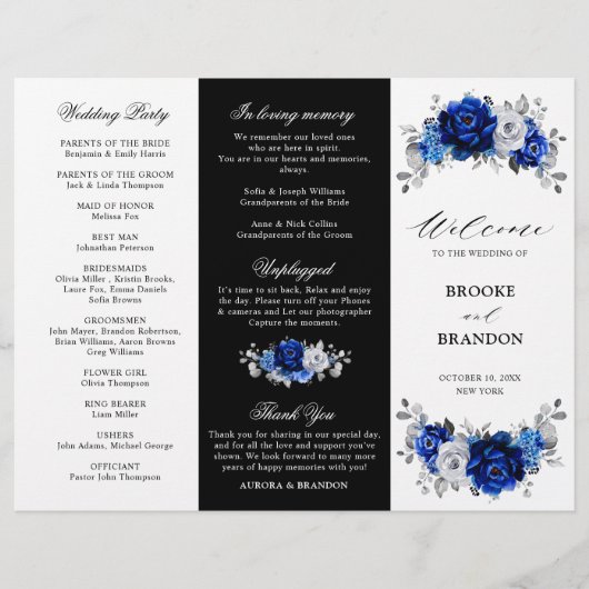 Royal Blue White Silver Tri-voudig Wedding Program (Voorkant)