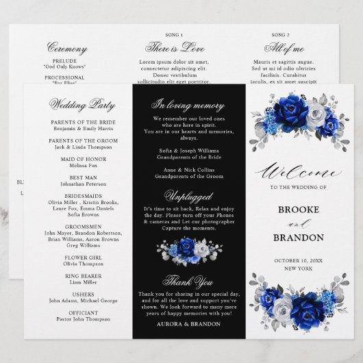 Royal Blue White Silver Tri-voudig Wedding Program (Voorkant / Achterkant)