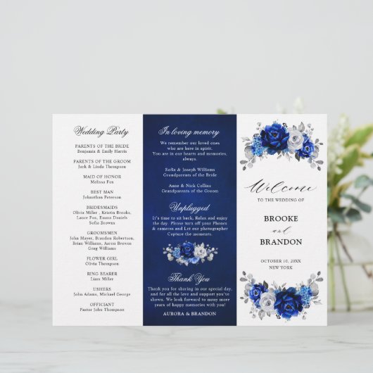 Royal Blue White Silver Tri-voudig Wedding Program (Staand voorkant)