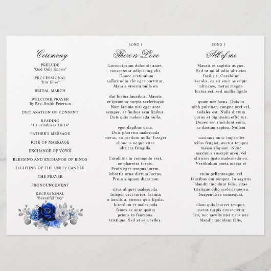 Royal Blue White Silver Tri-voudig Wedding Program (Achterkant)