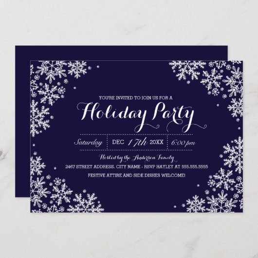 Royal Blue & White Snowflake Holiday Party nodigt  Kaart (Voorkant / Achterkant)