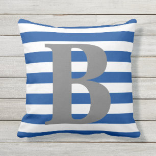 Royal Blue White Stripes Monogram Initiaal Square Buitenkussen