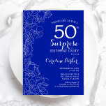 Royal Blue White Surprise 50th Birthday Party Kaart<br><div class="desc">Floral Royal Blue White Surprise 50th Birthday Party Invitation. Minimalistisch modern design met botanische accenten en lettertype typografie. Eenvoudige bloemige uitnodigingskaart perfect voor een stijlvol vrouw verrassingsfeest. Kan op elke leeftijd worden aangepast. Uitnodigingen op Zazzle afdrukken of sjabloon voor digitaal afdrukken direct downloaden.</div>