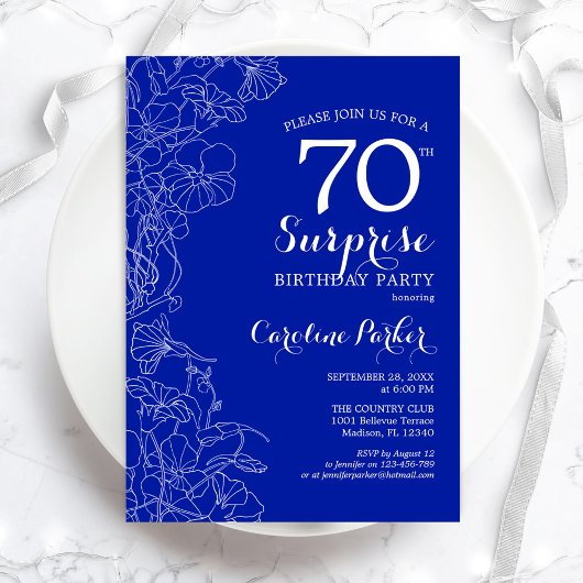 Royal Blue White Surprise 70th Birthday Party Kaart