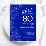 Royal Blue White Surprise 80th Birthday Kaart<br><div class="desc">Royal Blue White Surprise 80th Birthday Invitation. Het minimalistische moderne feministische ontwerp kenmerkt botanische accenten en typografische manuscriptdoopvont. Eenvoudige bloemige uitnodigingskaart perfect voor een stijlvol vrouw verrassingsfeest. Uitnodigingen op Zazzle afdrukken of sjabloon voor digitaal afdrukken direct downloaden.</div>