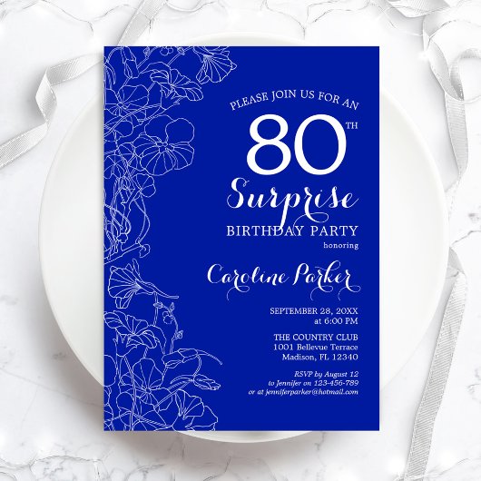 Royal Blue White Surprise 80th Birthday Party Kaart