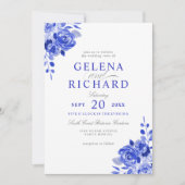 Royal Blue & White Waterverf Blauw Bloemen Huwelij Kaart (Voorkant)