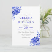 Royal Blue & White Waterverf Blauw Bloemen Huwelij Kaart (Staand voorkant)
