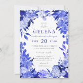 Royal Blue & White Waterverf Floral Bat Mitzvah Kaart (Voorkant)