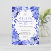 Royal Blue & White Waterverf Floral Bat Mitzvah Kaart (Staand voorkant)