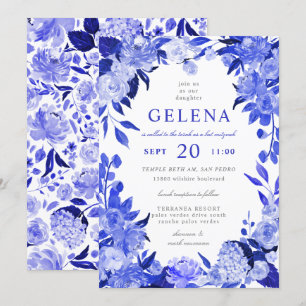 Royal Blue & White Waterverf Floral Bat Mitzvah Kaart