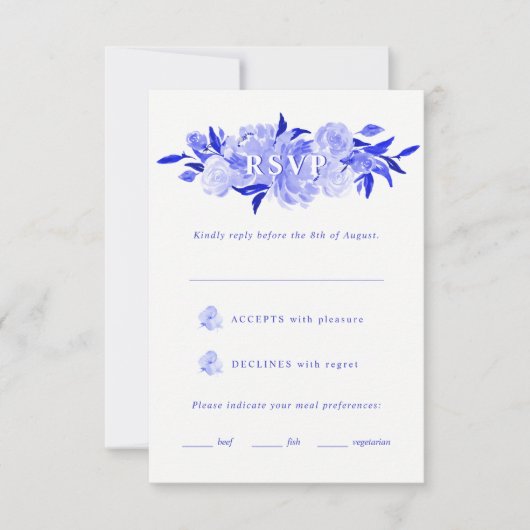 Royal Blue & White Waterverf Floral Mitzvah RSVP (Voorkant)