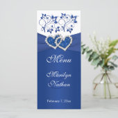 Royal Blue, wit Bloemen Gevoegde harten Menu Kaart (Staand voorkant)