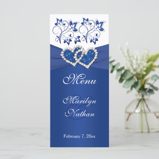 Royal Blue, wit Bloemen Gevoegde harten Menu Kaart (Staand voorkant)