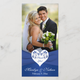 Royal Blue, wit bloemenhart bruiloft fotokaart Bedankkaart