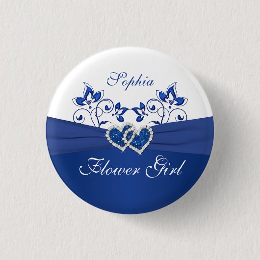 Royal Blue, wit Floral Bloemenmeisje Pin Ronde Button 3,2 Cm (Voorkant)
