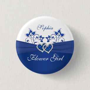 Royal Blue, wit Floral Bloemenmeisje Pin Ronde Button 3,2 Cm