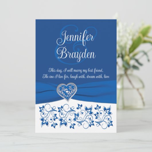 Royal Blue, wit hart van liefde bruiloft uitnodigi Kaart (Staand voorkant)