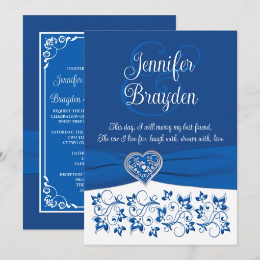 Royal Blue, wit hart van liefde bruiloft uitnodigi Kaart (Voorkant / Achterkant)
