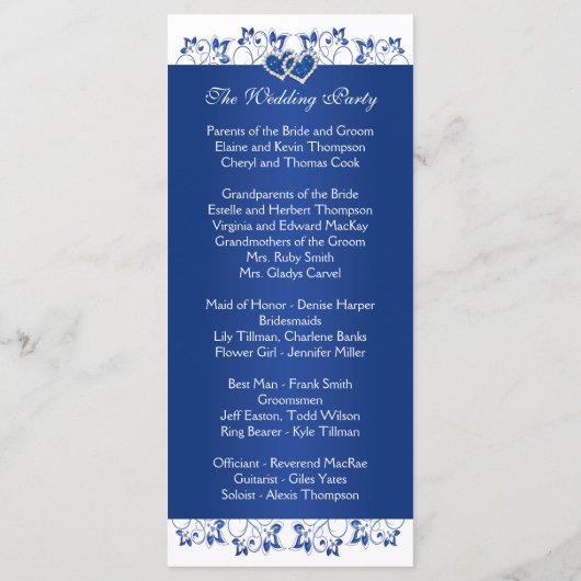 Royal Blue, witte bloemenharten bruiloft programma Programmakaart (Achterkant)