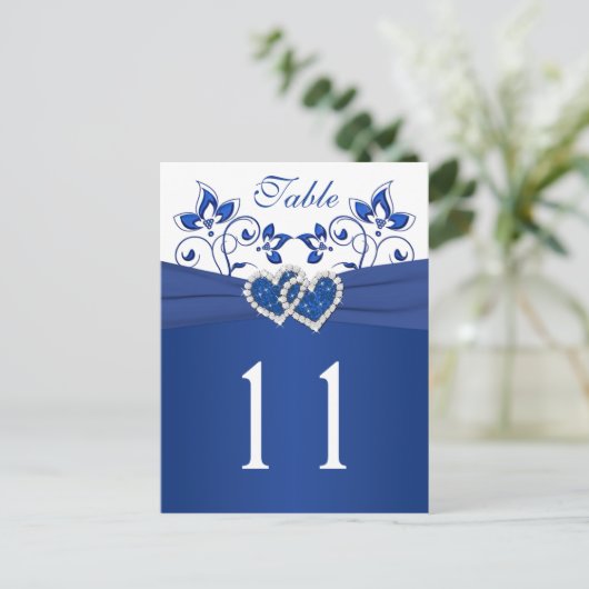 Royal Blue, witte bloemenharten tafel nummer Kaart (Staand voorkant)
