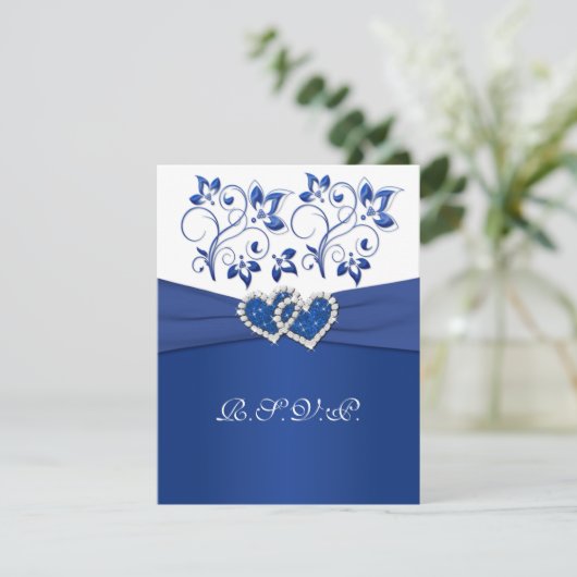 Royal Blue, witte bloemenkaart met harten RSVP-kaa RSVP Kaartje (Staand voorkant)