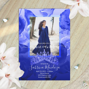 Royal Blue, witte rozen, Topaz Tiara Quinceanera Kaart