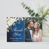 Royal Blue Wood White Roses Floral Lantern Foto Bedankkaart (Staand voorkant)